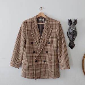 Vintage Bird of Symphony Double-Breasted Brown Plaid Blazer